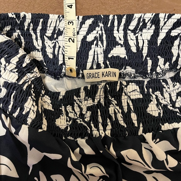 Size M Grace Karin Navy & white floral pull-on palazzo pants & tie waist. - Picture 6 of 6